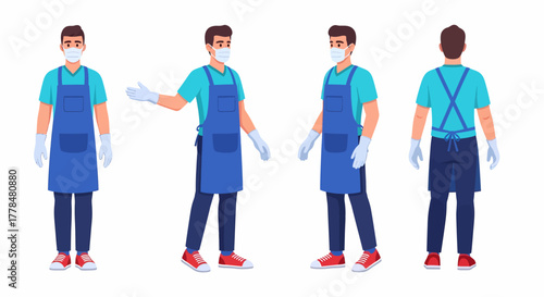 Vector illustration of a male worker in a blue apron, face mask, and gloves from different angles.