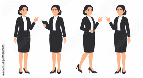 Four illustrations of a businesswoman in a black suit and white shirt, holding a tablet and gesturing.