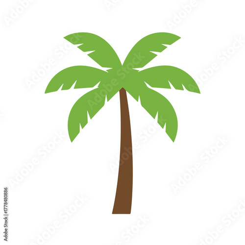 Green palm tree with brown trunk for tropical vacation beach resort or summer paradise destination branding design