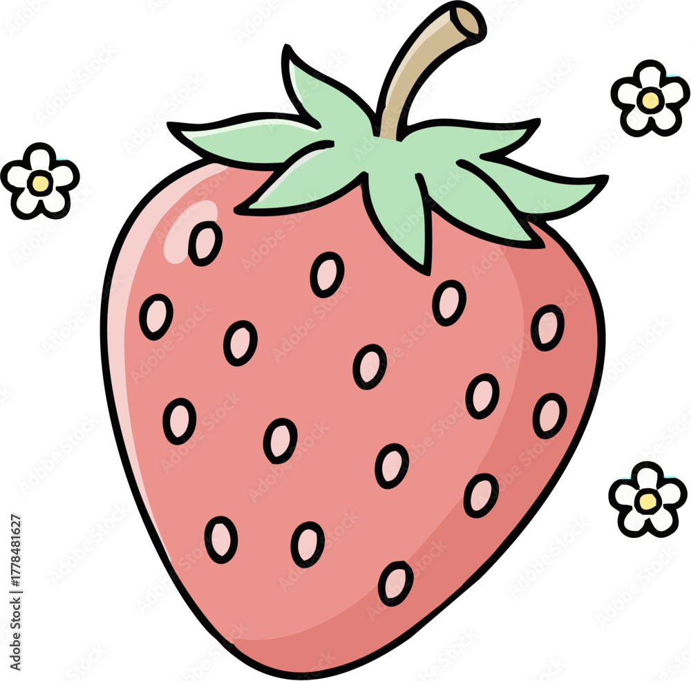 Obraz premium Vibrant Strawberry Illustration with Decorative Floral Elements - Ideal for Food-Related Designs