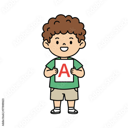 Cartoon boy wearing life vest with ABC letters for water safety swimming lessons or children aquatic education program