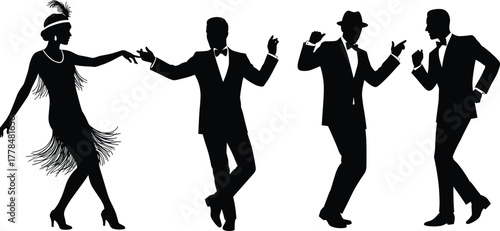 Vintage dance silhouettes, 1920s flapper style, jazz age dancers, retro fashion, swing poses, black icons, elegant movement, roaring twenties vibe