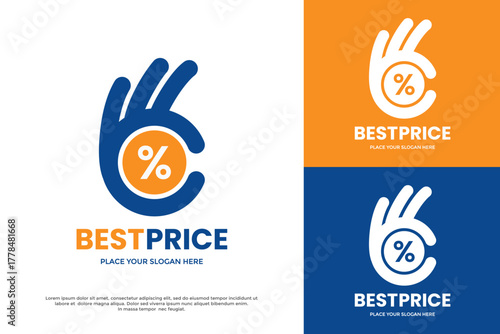 Best Price logo template. A hand 'OK' gesture combined with a percentage symbol. Ideal for sales, discounts, retail promotions, quality guarantees, and finance apps.