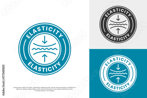Elasticity logo icon or badge. A symbol showing a flexible, stretching surface with an arrow. Perfect for durable textiles, resilient fabrics, or material technology.