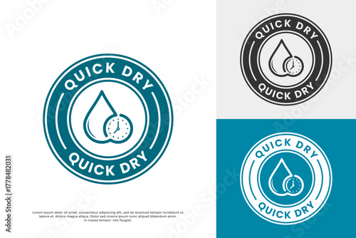 Quick Dry logo icon. A water drop in a circular arrow badge, symbolizing fast-drying technology for fabric, textiles, or cleaning products. Vector emblem.