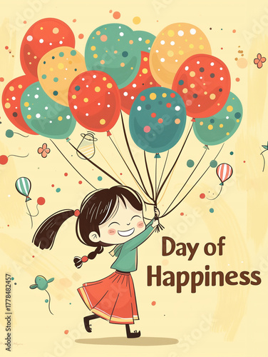  Colorful cartoon illustration of woman with balloons celebrating happiness day