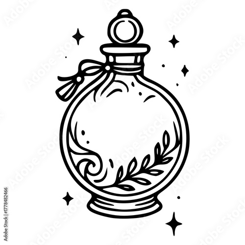 mystic love potion jar outline with leaves and sparkles