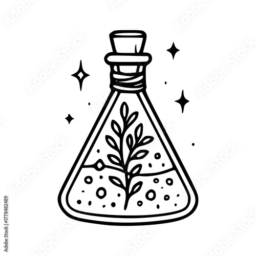 magic elixir science lab bottle outline with botanical details