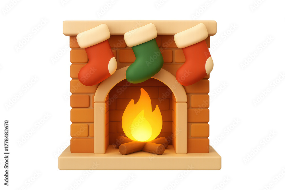 Naklejka premium Christmas fireplace with glowing fire and hanging stockings, celebrating holiday season with cozy winter decoration