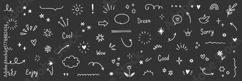 Line arrow, star, heart cute icon elements. Hand drawn sketch heart, arrow, star, flower decoration symbols. Simple sketch line style emphasizes abstract elements on chalkboard. Vector illustration