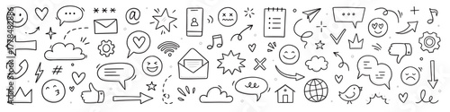 Emoji internet sketch icon set. Internet conversation, media outline tech emoji, star, arrow shape. Hand drawn sketch chat emoticon reaction, digital cloud, smile face elements. Vector illustration