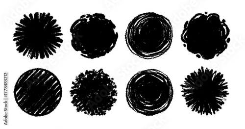 Hand drawn brush round vector set. Crayon pencil brush stroke black round shape. Scribble sketch hand drawn crayon, ink splash, rough dot texture circle elements. Vector illustration