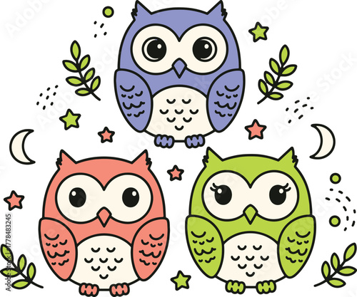 Adorable Cartoon Owls with Stars, Moons, and Leaves