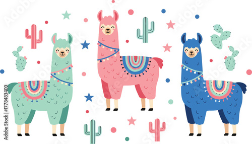 Cute Cartoon Llamas with Cacti and Stars