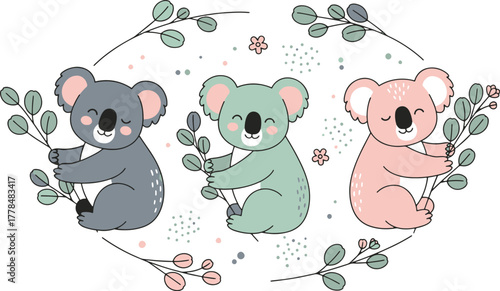 Cute Cartoon Koalas with Leaves and Flowers