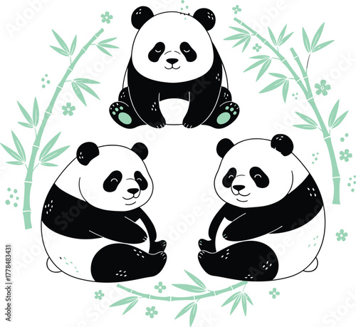 Cute Cartoon Pandas with Bamboo and Flowers