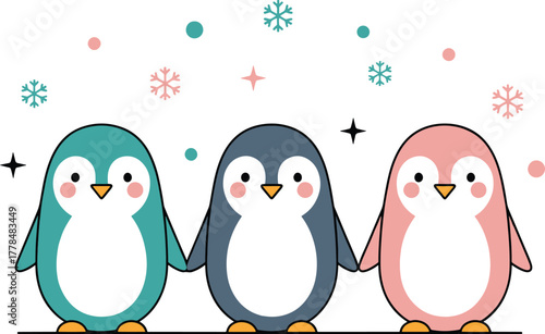 Cute Cartoon Penguins with Snowflakes and Stars