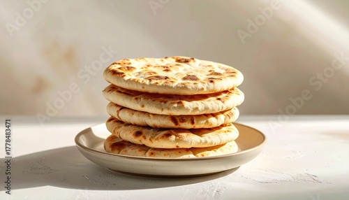 Wallpaper Mural Stack Of Golden Brown Naan Bread Resting On A Ceramic Plate In A Bright Kitchen With Soft Sunlight And Shadow Patterns Torontodigital.ca