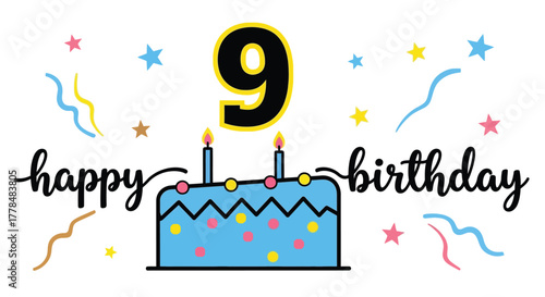 Happy ninth birthday cake party celebration card invitation