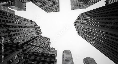 Low Angle View of Modern Skyscrapers in Black and White, Urban Cityscape with Tall Buildings Reaching Towards the Sky.