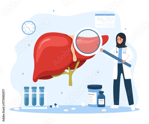 Medical specialist analyzing liver pathology. Evidence based therapy for chronic hepatitis or hepatocellular carcinoma. Arab female doctor with large magnifier. Vector illustration in cartoon style.