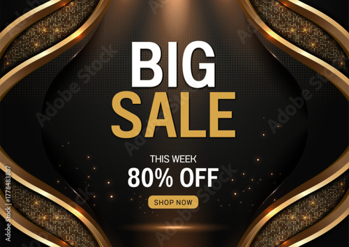 Big sale 80 percent off, elegant luxury black gold abstract background, glowing dots and curves, banner design for product branding, department store promotions, advertising template.