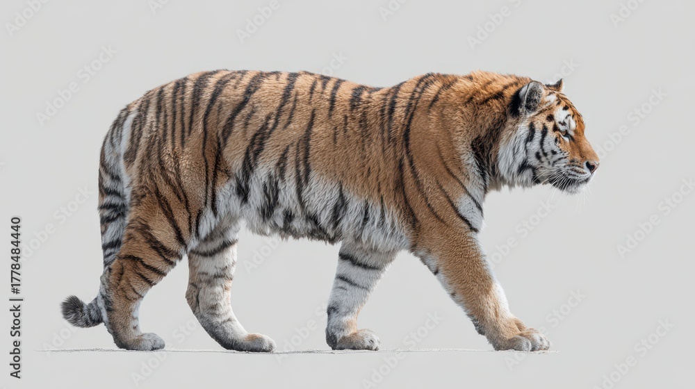 Obraz premium Majestic tiger walking with powerful stride on a plain background