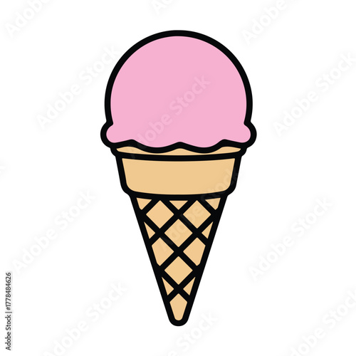 Pink strawberry ice cream cone with waffle texture for summer dessert frozen treats or sweet shop branding design