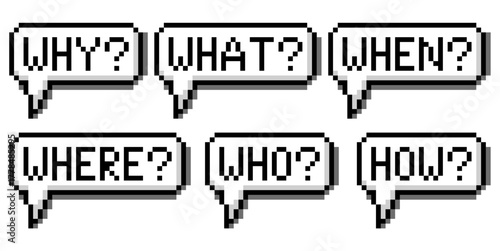 Pixel question word in bubble speech vector. what, when, why, where, who, how question words in 8 bit speech bubbles. Ideal for FAQ, dialogue, and interface design for retro games or apps.