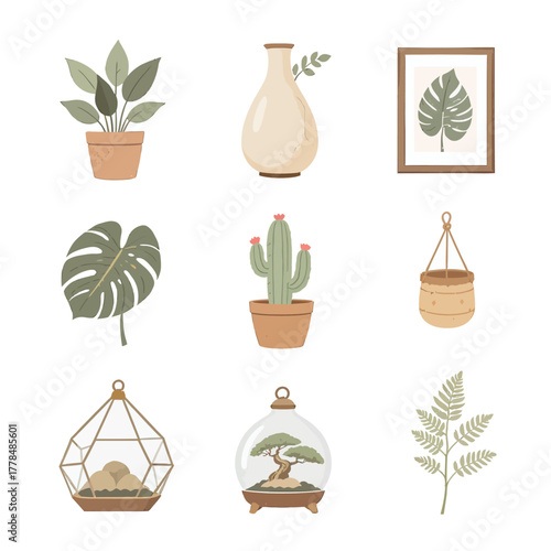 A diverse collection of modern flat design illustrations featuring indoor house plants, potted greenery, botanical decor, terrariums, and elegant planters