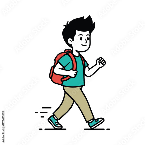 Cartoon student walking with backpack and phone for back to school education or youth lifestyle mobile technology branding
