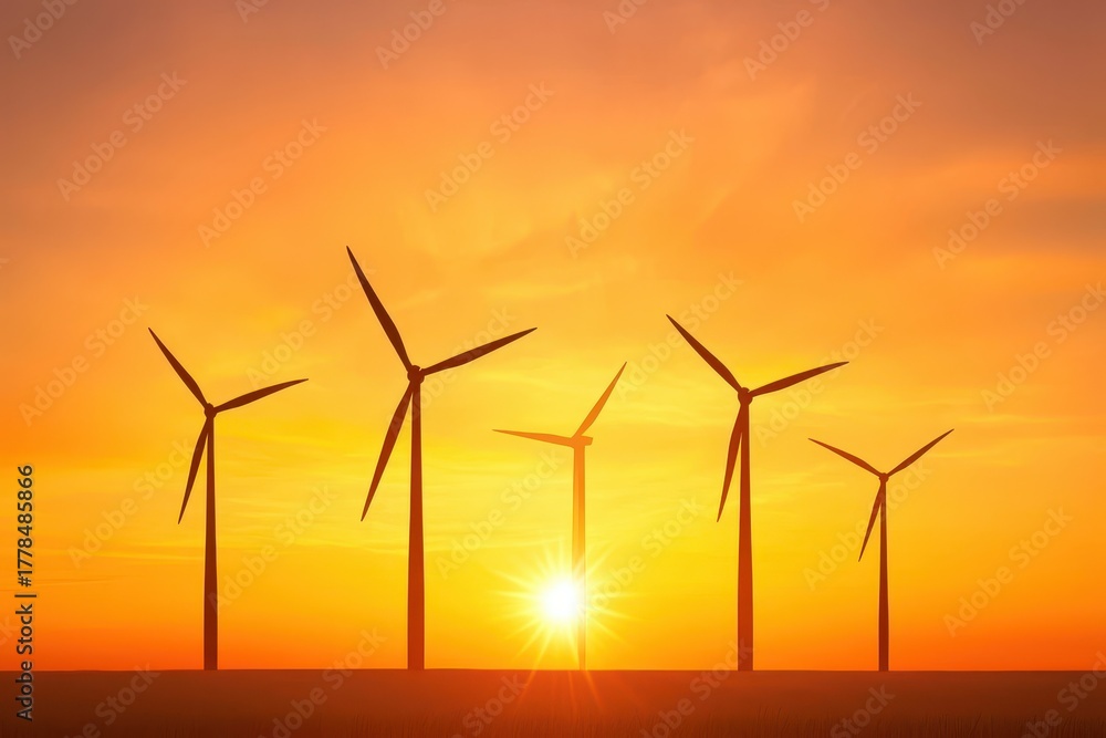 Fototapeta premium Sustainability resources lifestyle concept. Wind turbines silhouetted against a vibrant sunset sky.