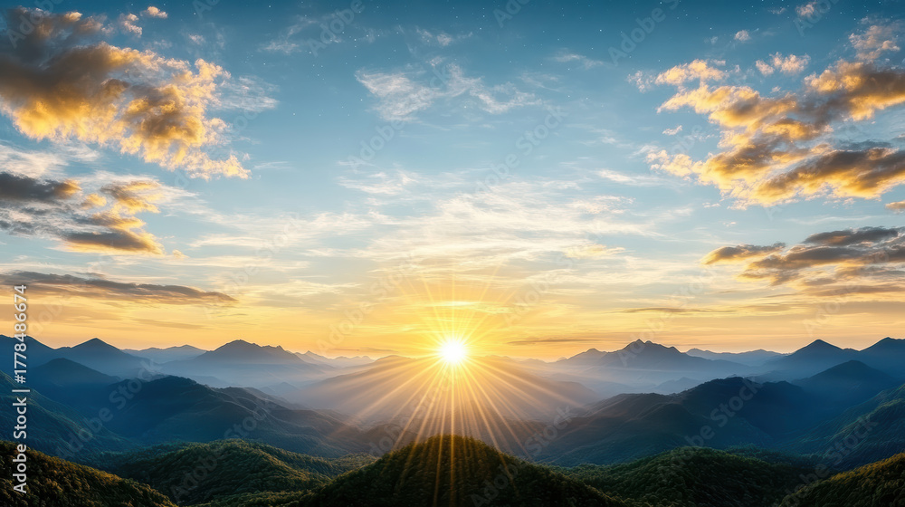Fototapeta premium Breathtaking mountains at sunrise with vibrant colors and soft clouds create serene atmosphere