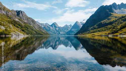 Majestic mountains reflected in calm water create tranquil scene of natural beauty