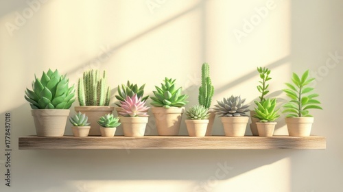 Variety of succulents potted and neatly arranged on wooden shelf