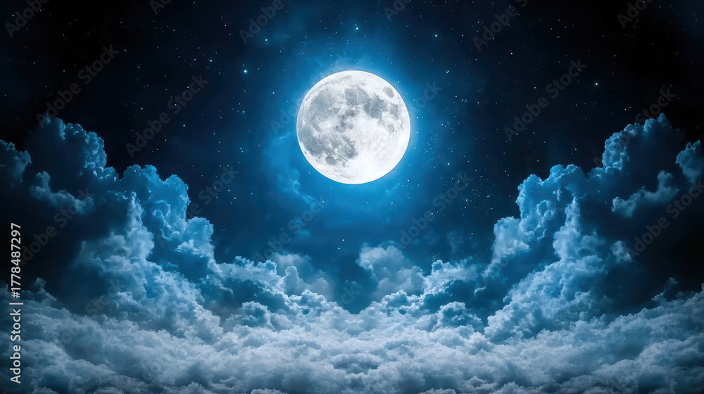 Fototapeta premium Bright moonlight illuminates clouds under starry sky, creating peaceful atmosphere