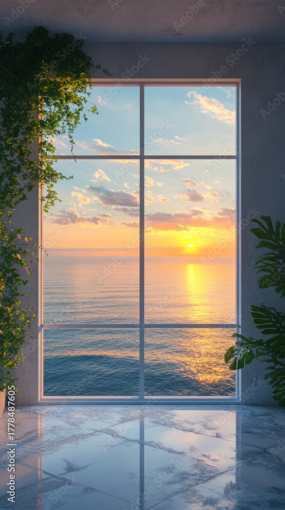 Fototapeta premium A giant window framing a beautiful ocean sunset view
