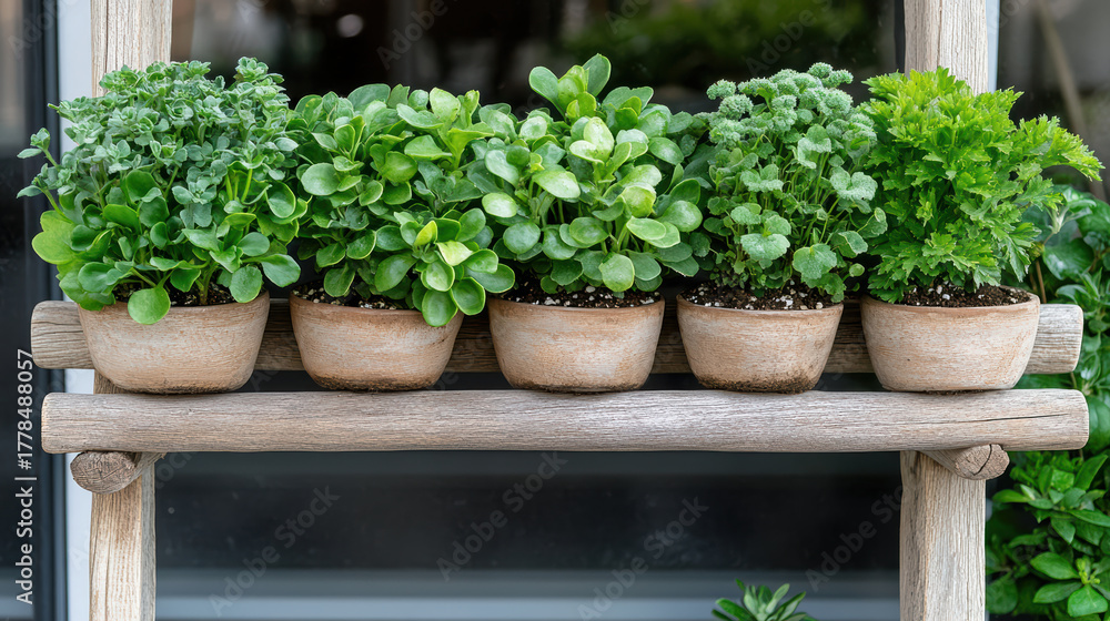 Fototapeta premium Lush green plants in terracotta pots arranged on wooden shelf create vibrant indoor garden