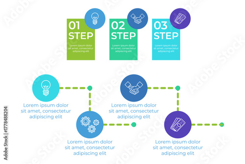 Infographic set outlining three key steps in process. Visual elements and concise descriptions of tasks promoting easy understanding