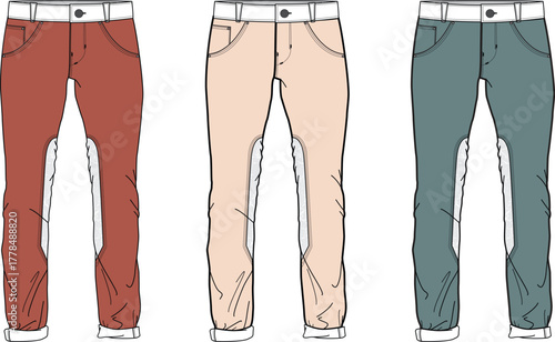 Vector illustration presenting a collection of three stylish equestrian riding breeches, demonstrating diverse color options and design features for modern horseback riding attire