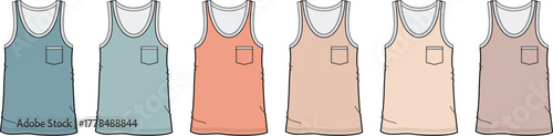 A vibrant collection of men's casual sleeveless tank tops in a soft pastel color palette, each featuring a classic scoop neck and a functional chest pocket, ideal for summer fashion