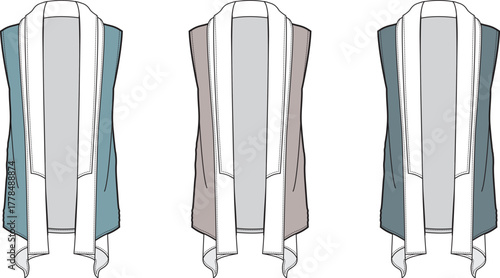 Fashion technical flat sketch of a women's draped sleeveless vest. Vector apparel template showing three color options for modern layering