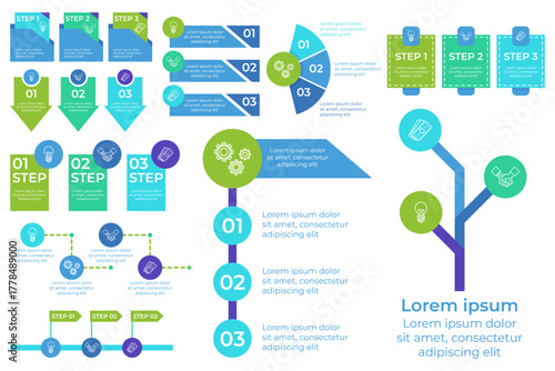 Infographic set presenting series of steps with colorful designs. Clear instructions guiding viewers through various processes, ensuring ease of understanding