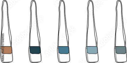 Collection of women's crossbody shoulder bag sketches in a modern color palette. Set of handbag fashion illustrations for design templates