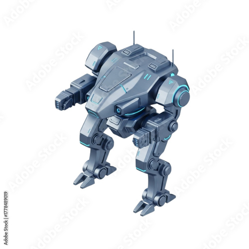 Sleek futuristic bipedal combat robot 3D render, featuring metallic armor and glowing blue accents, ready for advanced sci-fi warfare scenarios