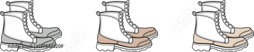 A trio of detailed illustrations depicting pairs of work boots with laces and rugged soles in varying neutral tones