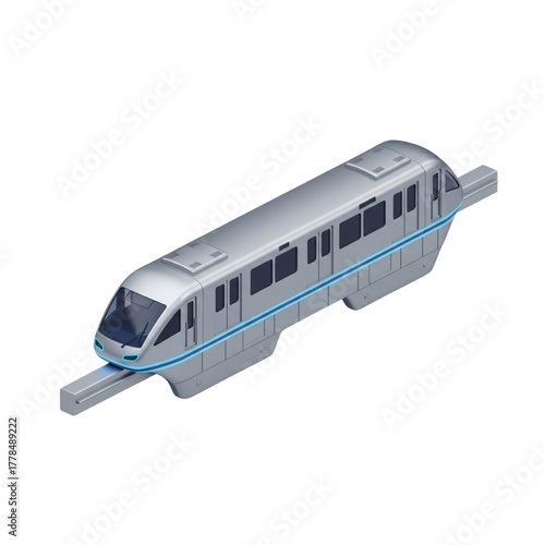 Isometric 3D rendering of a modern silver monorail train, a concept for futuristic public transportation, isolated on a white background