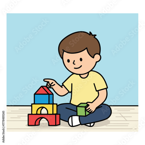 Child playing with building blocks toys on floor near window for educational toy store or early childhood development program