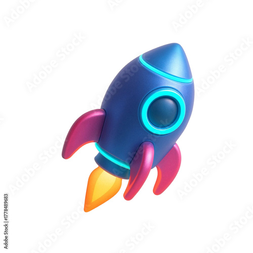 A vibrant 3D illustration of a futuristic blue rocket ship launching into space with bright orange flames emitting from its boosters, symbolizing progress and adventure