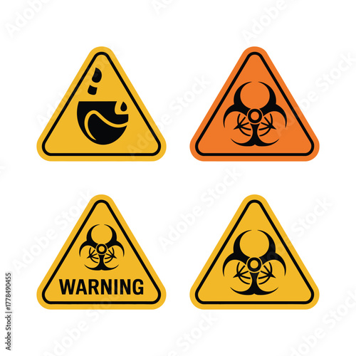 Set of four triangular warning signs with biohazard and chemical symbols